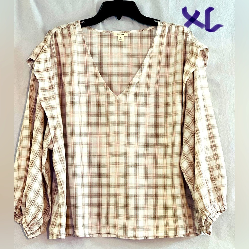 LADIES WHITE TOP WITH BURGUNDY & GREY STRIPES